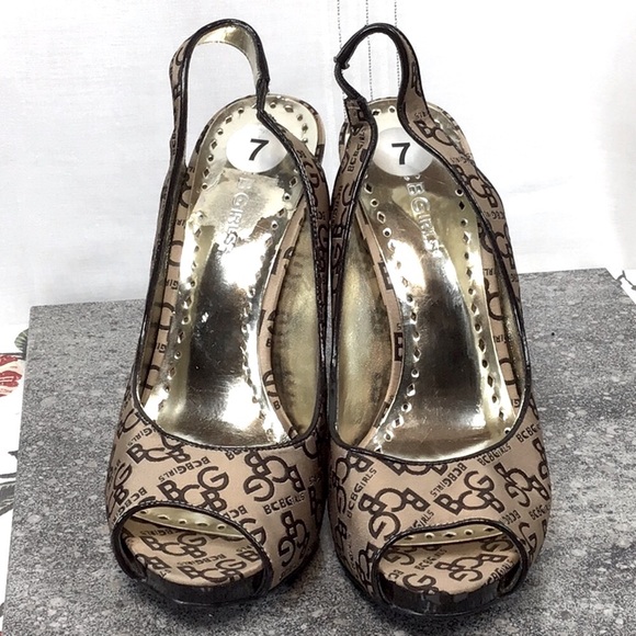 ⚜️BCBGirls ‘Hansel’ Brown Lacquer Gold Satin Leather Sole Sling Back Peep Toe - Picture 7 of 8